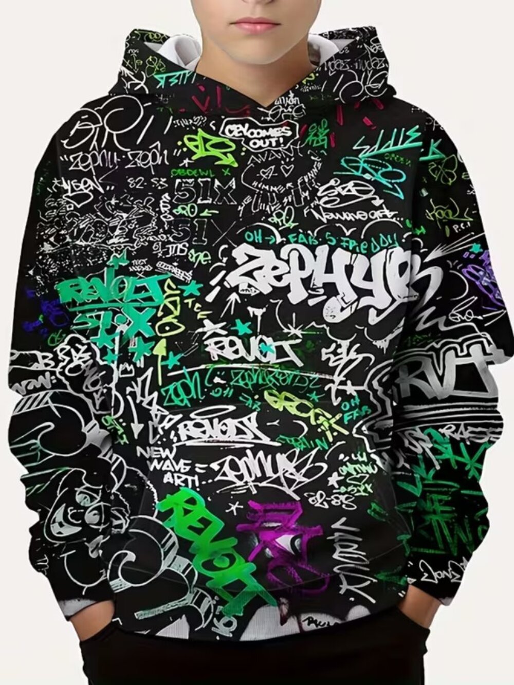 Kids Lightweight Hoodie Sweatshirt Graphic Print Black Streetwear, size M